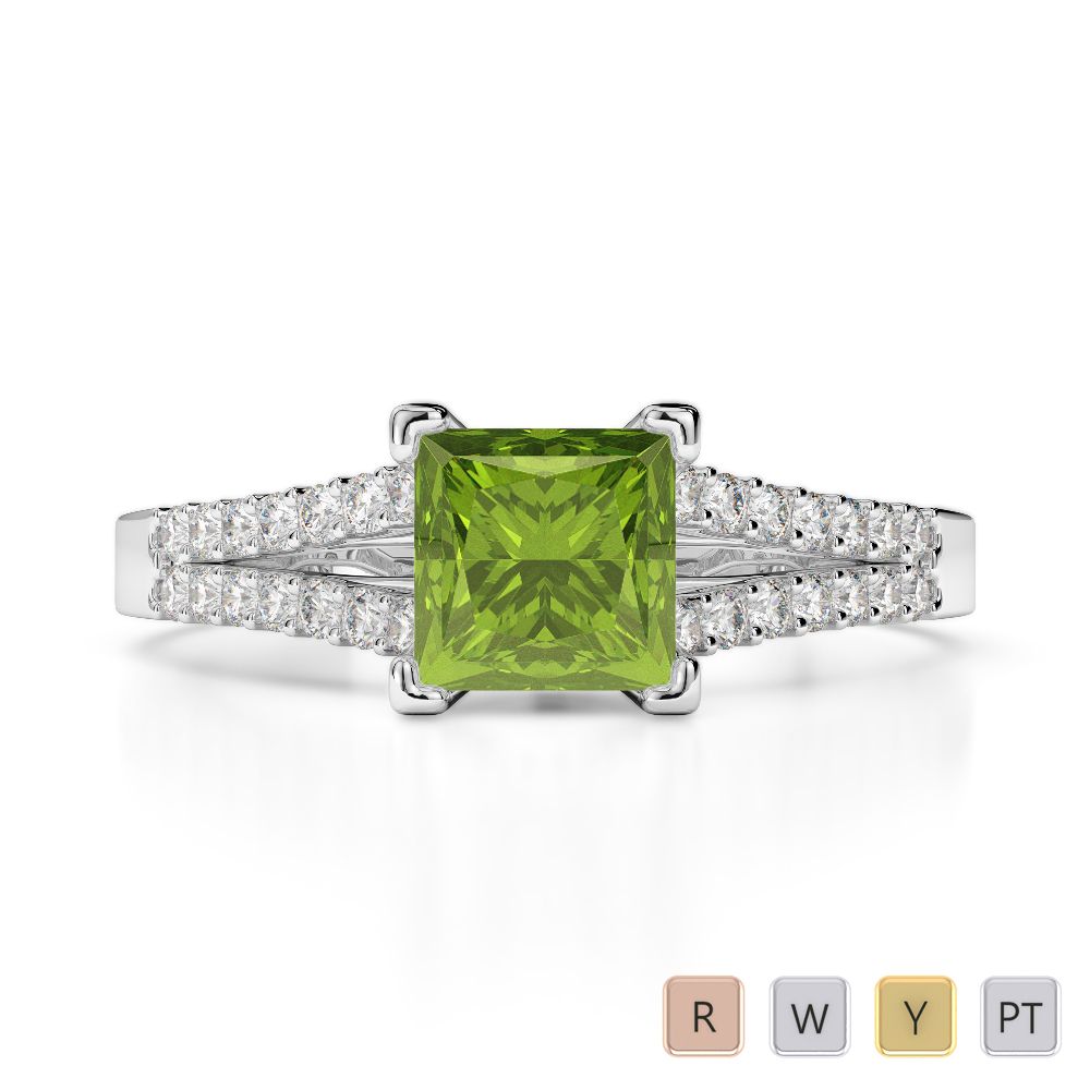Gold / Platinum Round and Princess Cut Peridot and Diamond Engagement Ring AGDR-1211