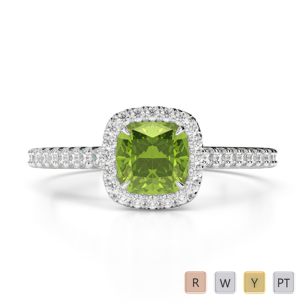 Gold / Platinum Round and Cushion Cut Peridot and Diamond Engagement Ring AGDR-1212