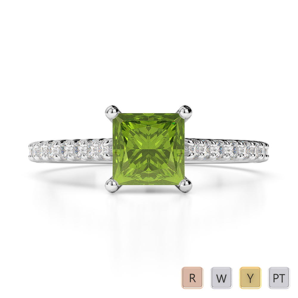Gold / Platinum Round and Princess Cut Peridot and Diamond Engagement Ring AGDR-1217