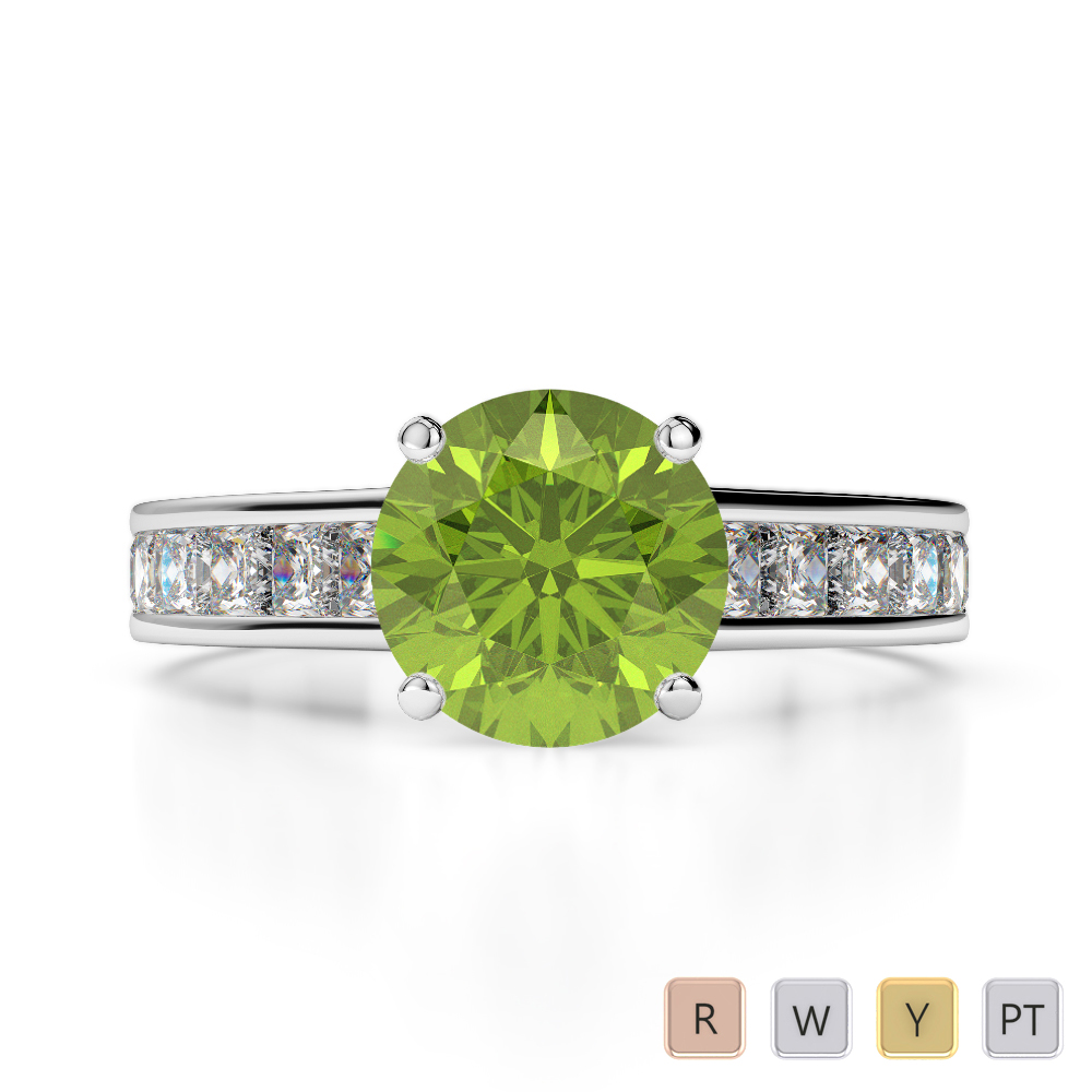 Gold / Platinum Round and Princess Cut Peridot and Diamond Engagement Ring AGDR-1224