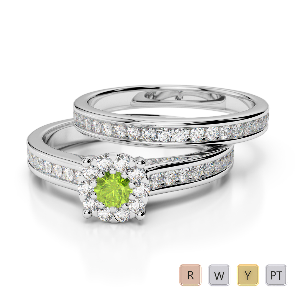 Gold / Platinum Round cut Peridot and Diamond Bridal Set Ring AGDR-1339