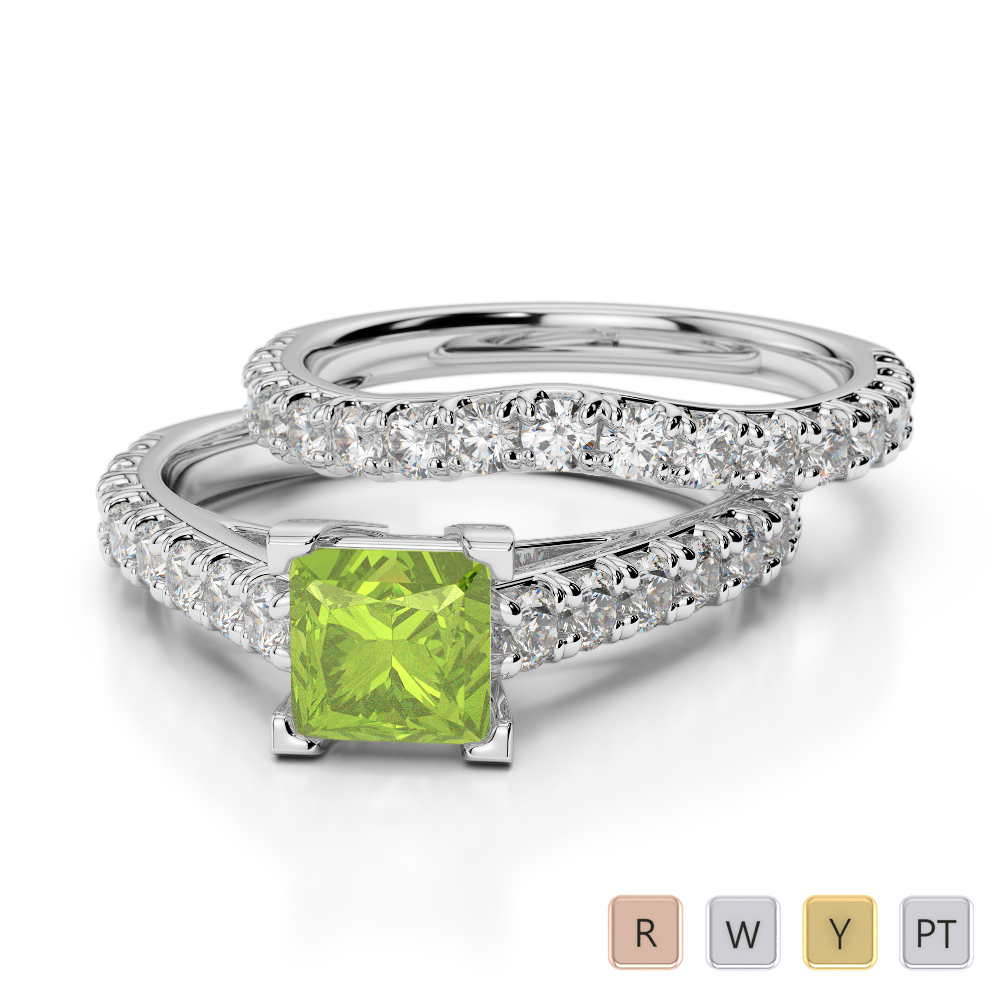 Gold / Platinum Round and Princess cut Peridot and Diamond Bridal Set Ring AGDR-2007
