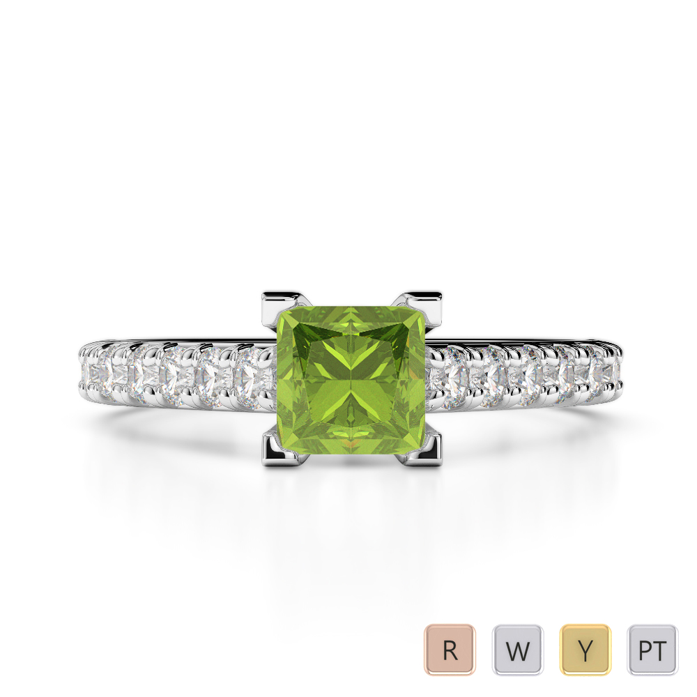 Gold / Platinum Round and Princess Cut Peridot and Diamond Engagement Ring AGDR-2008