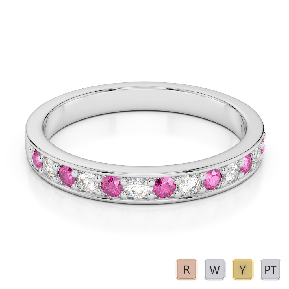 2.5 MM Gold / Platinum Round Cut Pink Sapphire and Diamond Half Eternity Ring AGDR-1083