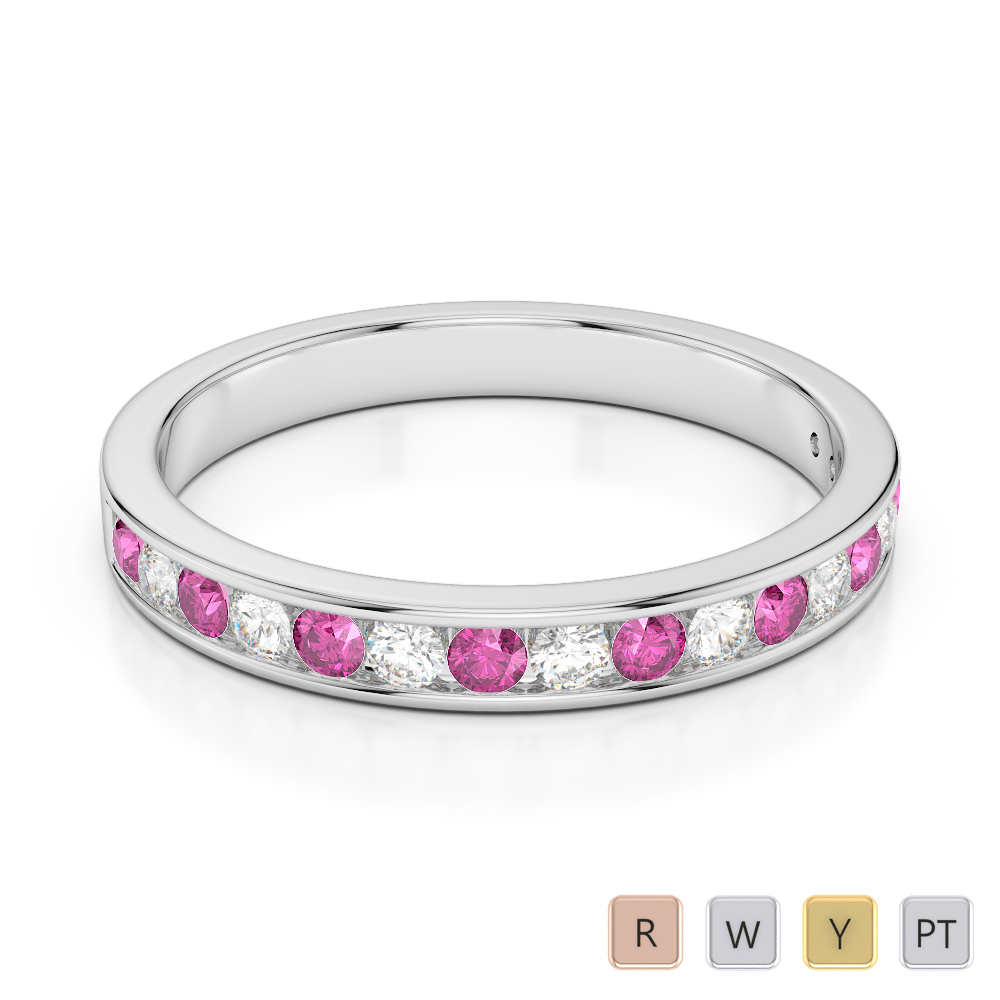3 MM Gold / Platinum Round Cut Pink Sapphire and Diamond Half Eternity Ring AGDR-1090