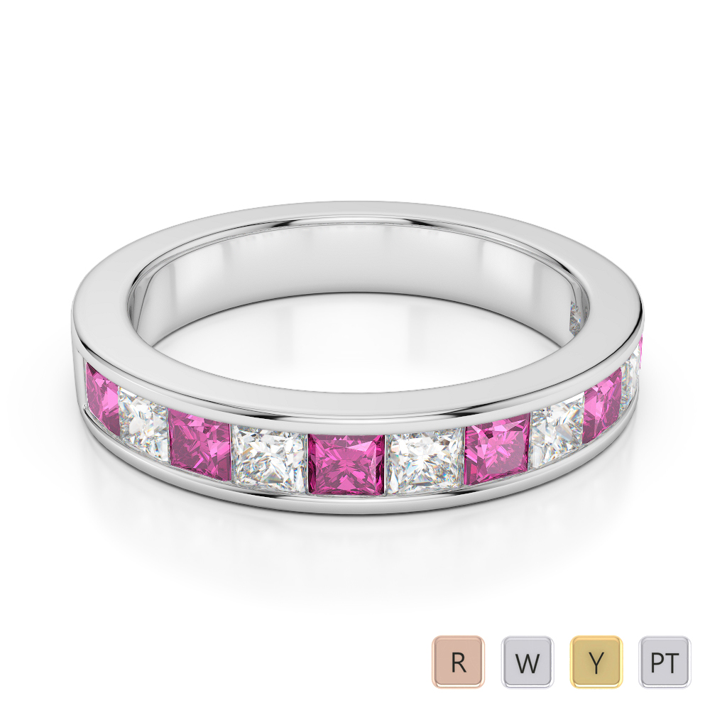 4 MM Gold / Platinum Princess Cut Pink Sapphire and Diamond Half Eternity Ring AGDR-1137