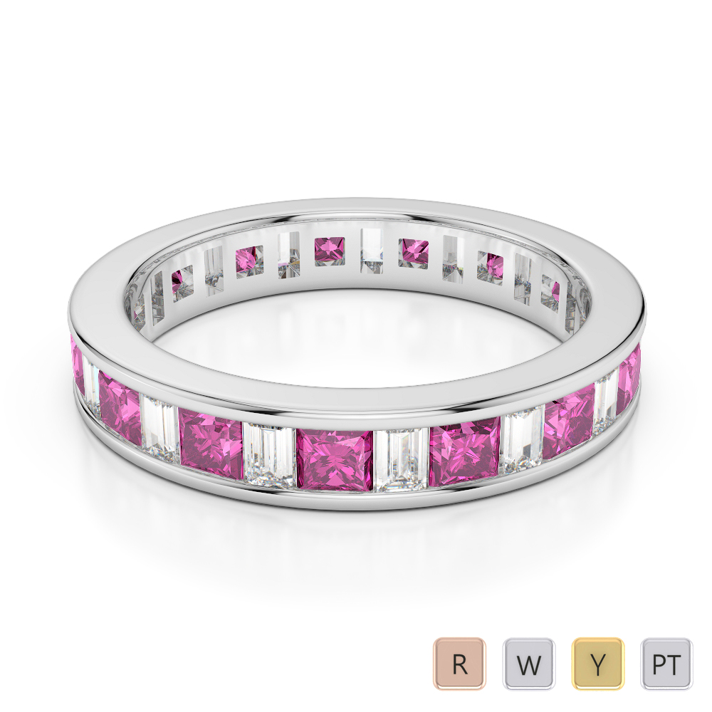 4 MM Gold / Platinum Princess and Baguette Cut Pink Sapphire and Diamond Full Eternity Ring AGDR-1141