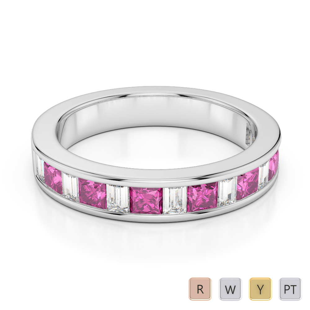 4 MM Gold / Platinum Princess and Baguette Cut Pink Sapphire and Diamond Half Eternity Ring AGDR-1143