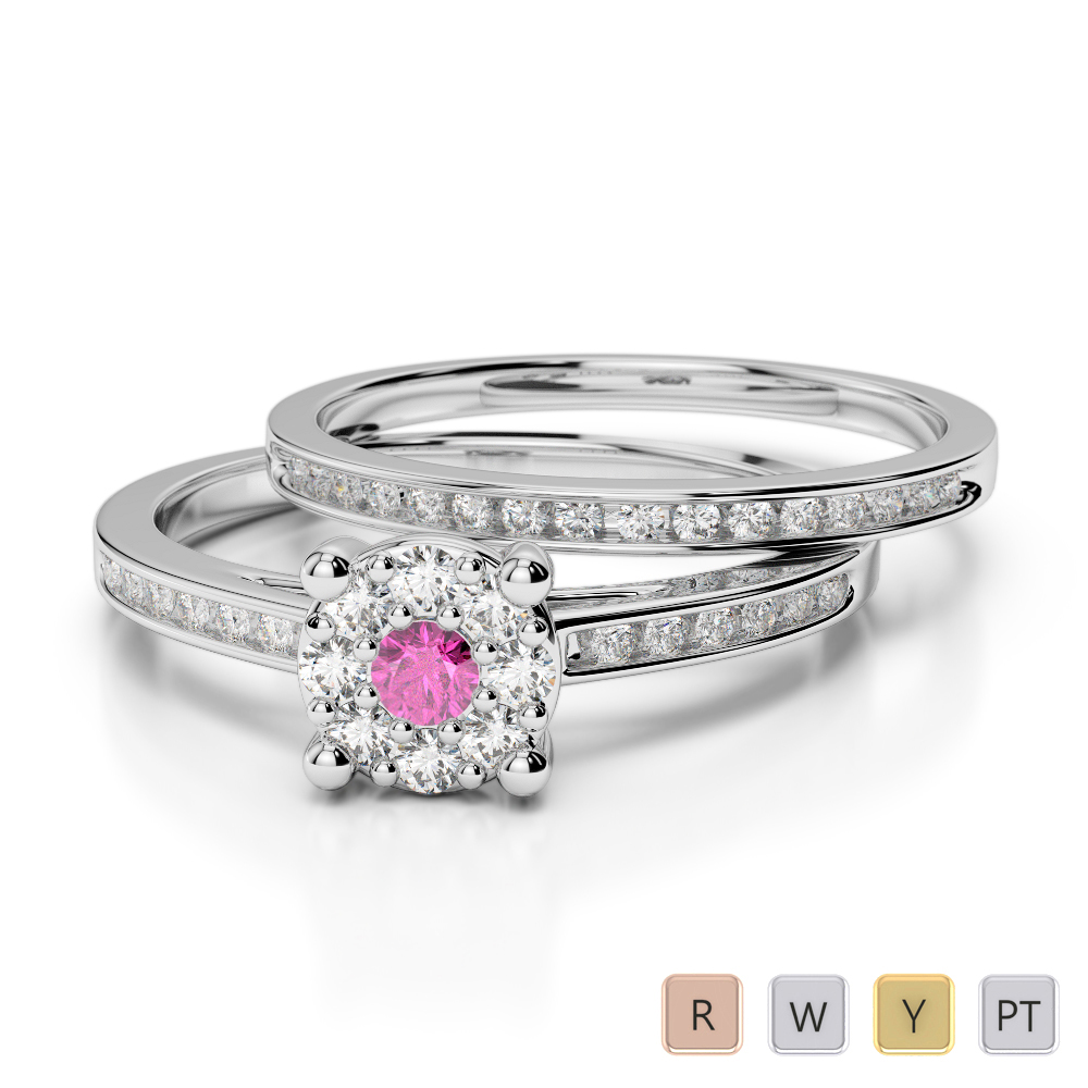 Gold / Platinum Round cut Pink Sapphire and Diamond Bridal Set Ring AGDR-1052