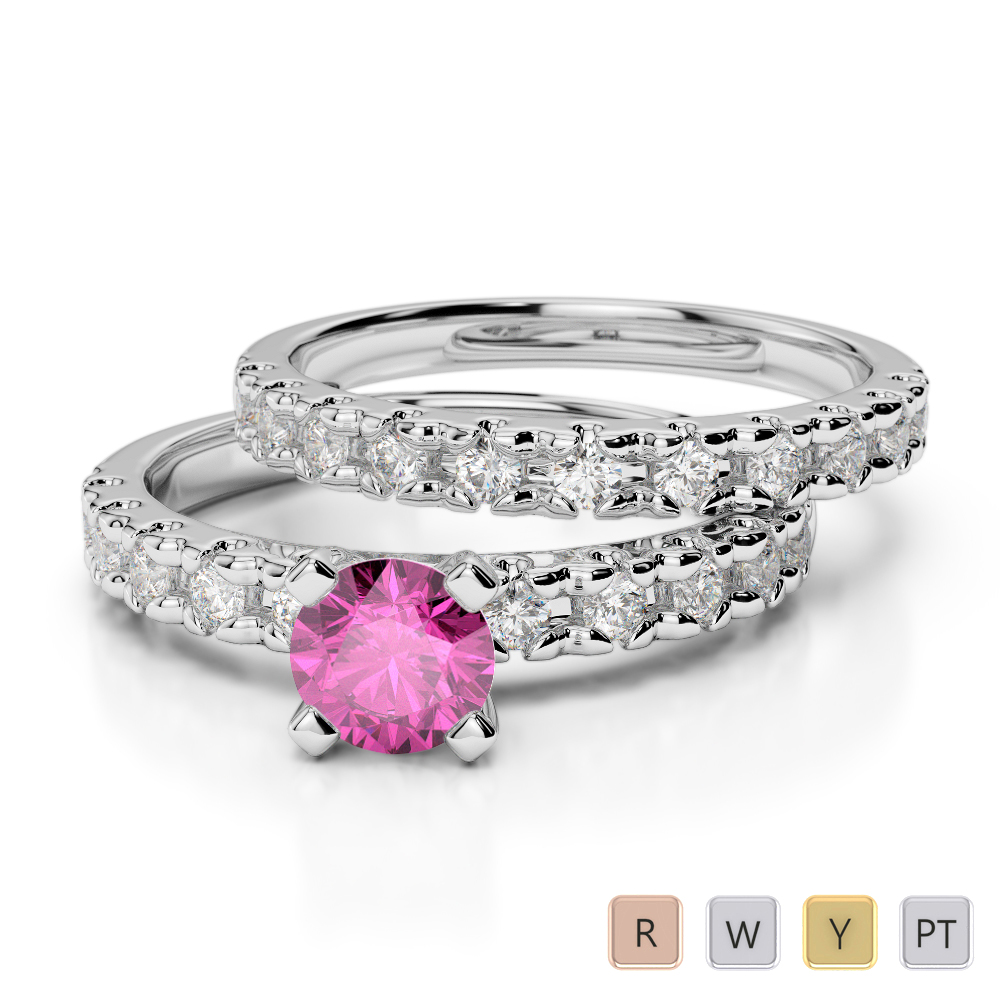 Gold / Platinum Round cut Pink Sapphire and Diamond Bridal Set Ring AGDR-1144