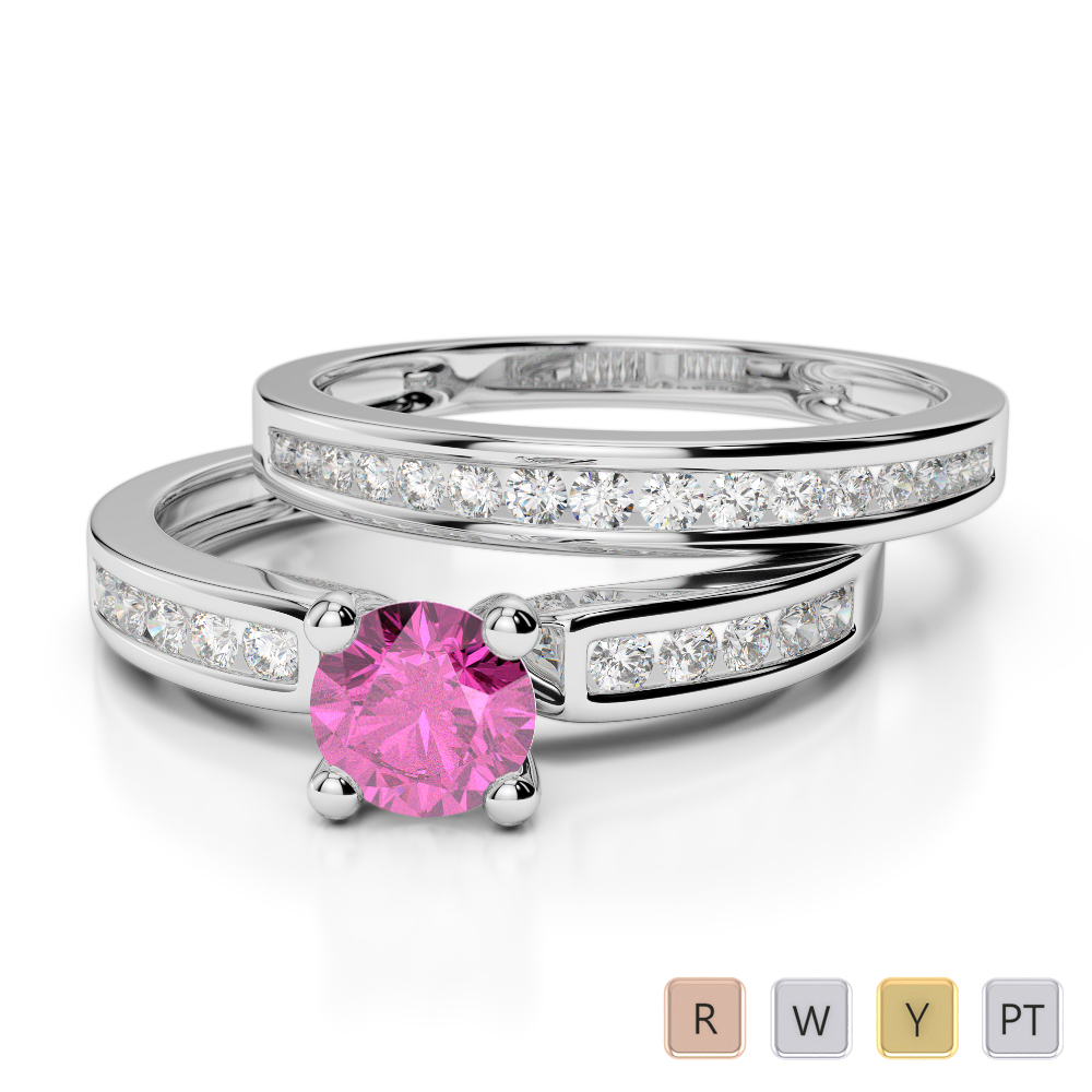 Gold / Platinum Round cut Pink Sapphire and Diamond Bridal Set Ring AGDR-1157