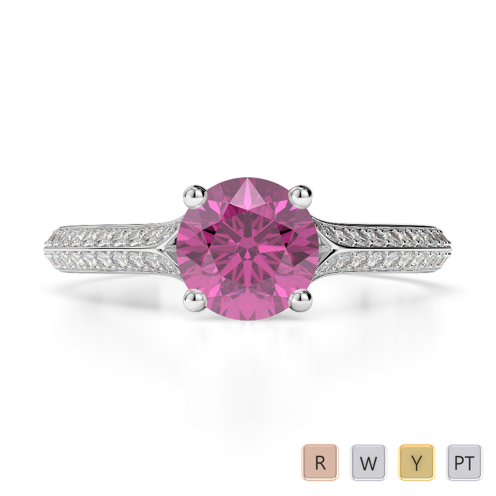 Round Lab Pink Sapphire and Diamond Engagement Ring in Gold / Platinum