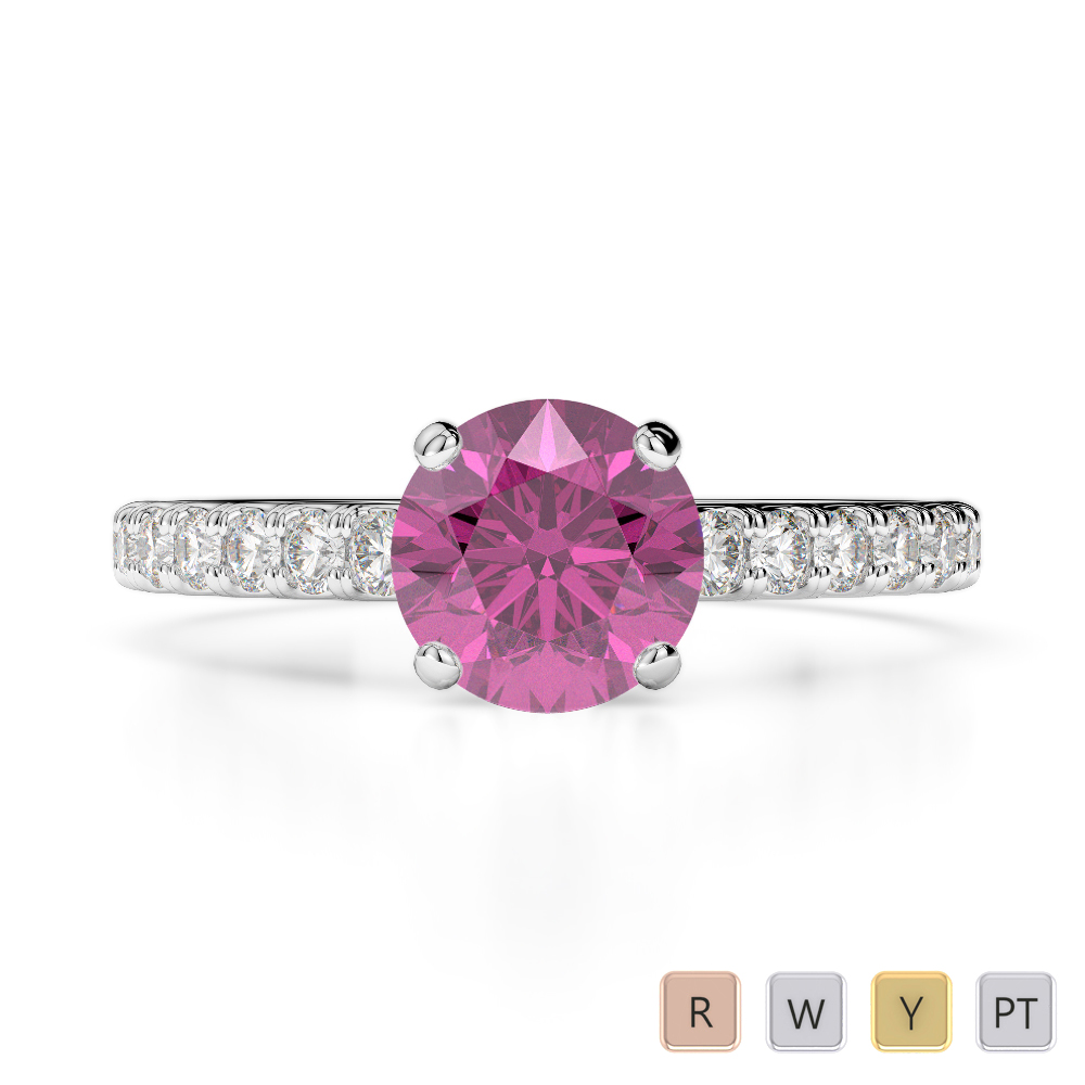 Round Lab Pink Sapphire and Diamond Engagement Ring in Gold / Platinum