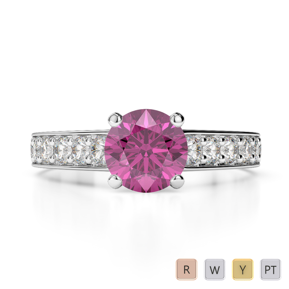 Round Lab Pink Sapphire and Diamond Engagement Ring in Gold / Platinum