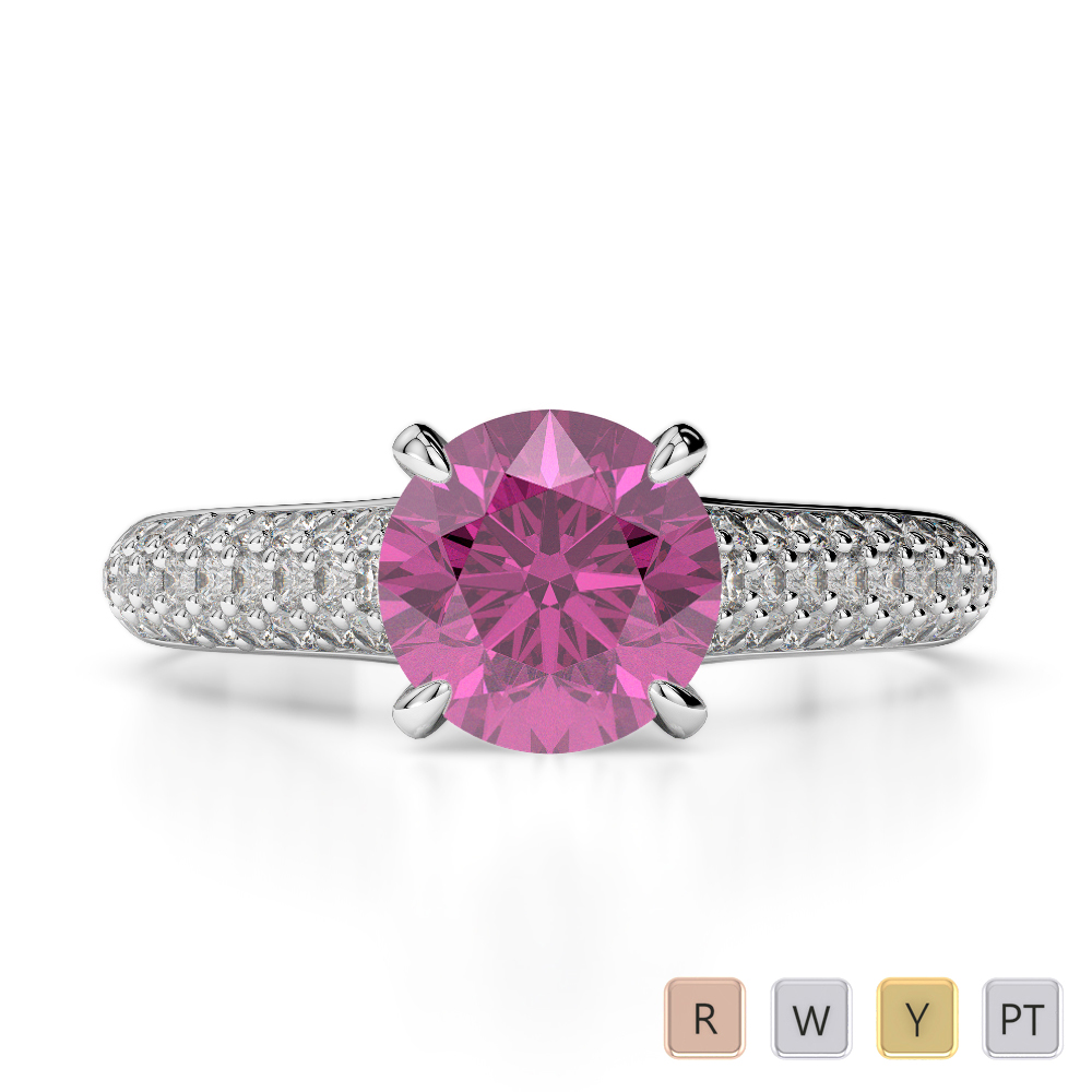 Round Lab Pink Sapphire and Diamond Engagement Ring in Gold / Platinum