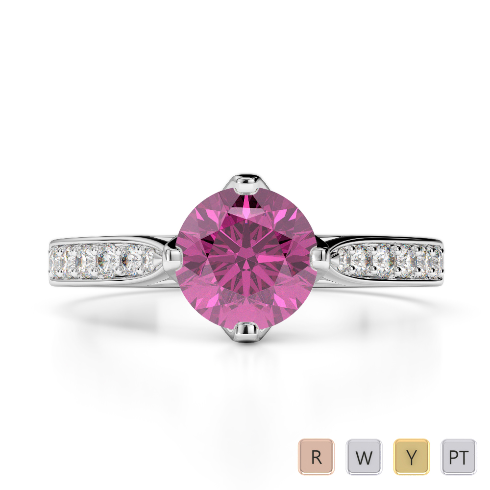 Round Lab Pink Sapphire and Diamond Engagement Ring in Gold / Platinum