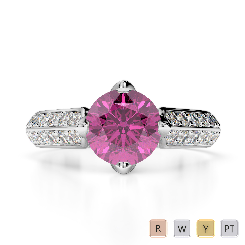 Round Lab Pink Sapphire and Diamond Engagement Ring in Gold / Platinum