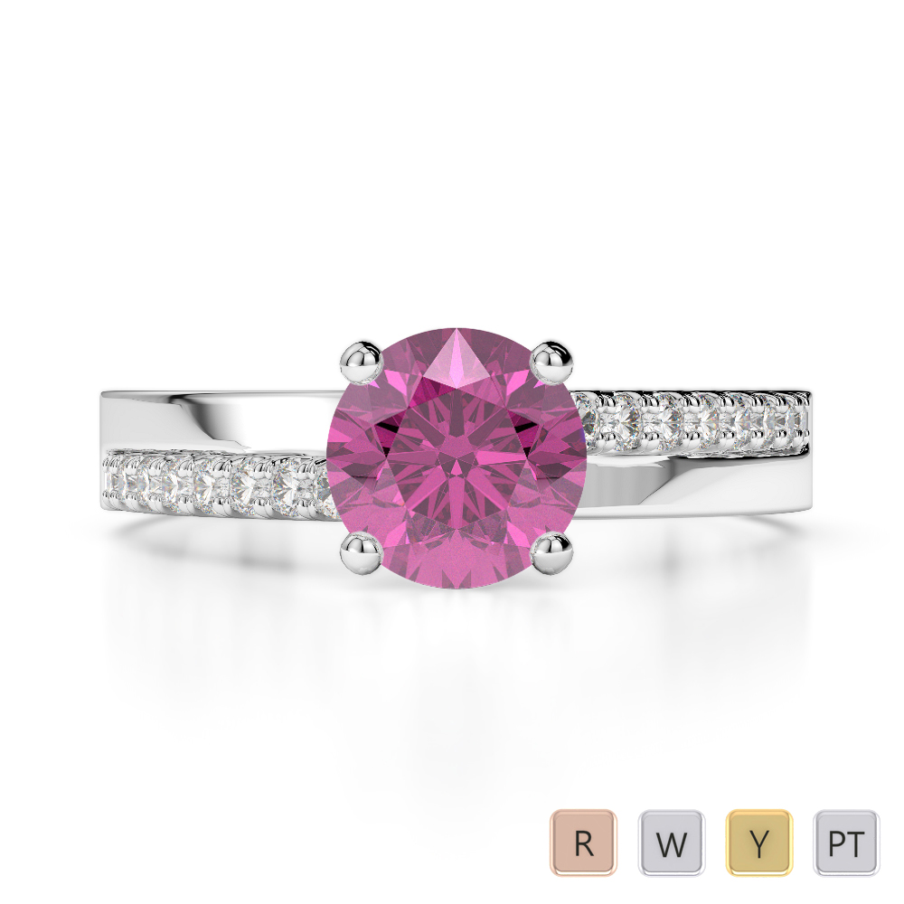 Round Lab Pink Sapphire and Diamond Engagement Ring in Gold / Platinum