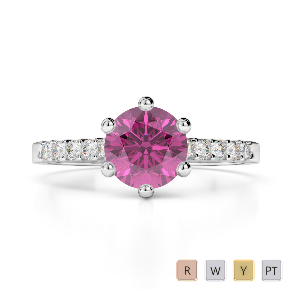 Round Lab Pink Sapphire and Diamond Engagement Ring in Gold / Platinum
