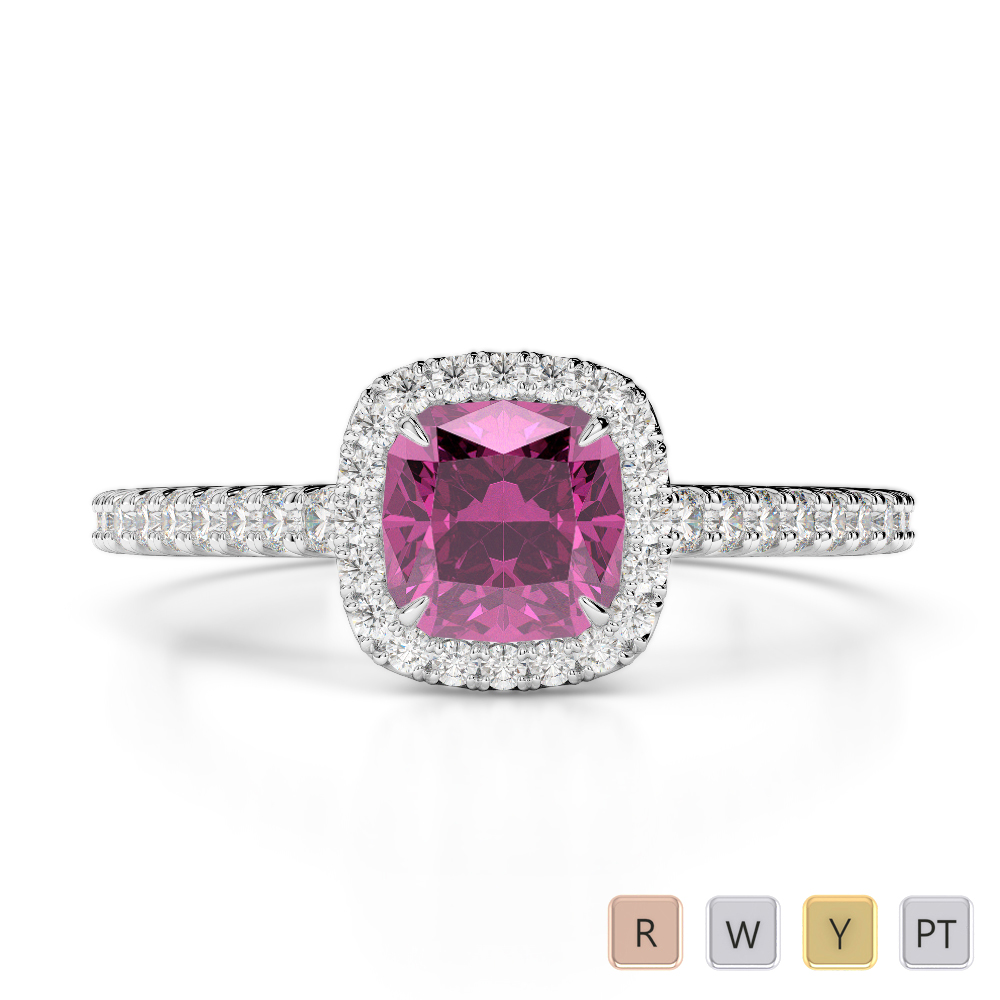 Cushion Lab Pink Sapphire and Diamond Engagement Ring in Gold / Platinum