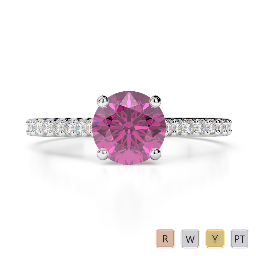 Round Lab Pink Sapphire and Diamond Engagement Ring in Gold / Platinum