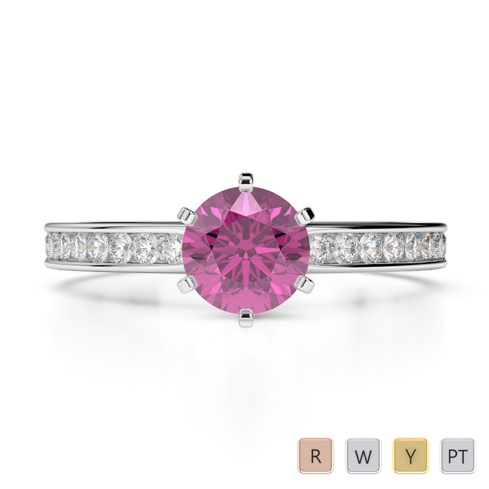 Round Lab Pink Sapphire and Diamond Engagement Ring in Gold / Platinum