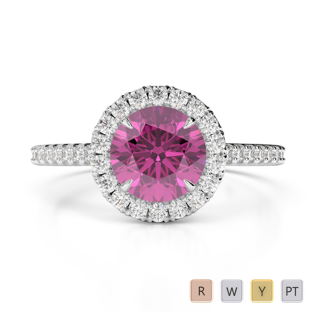 Round Lab Pink Sapphire and Diamond Engagement Ring in Gold / Platinum