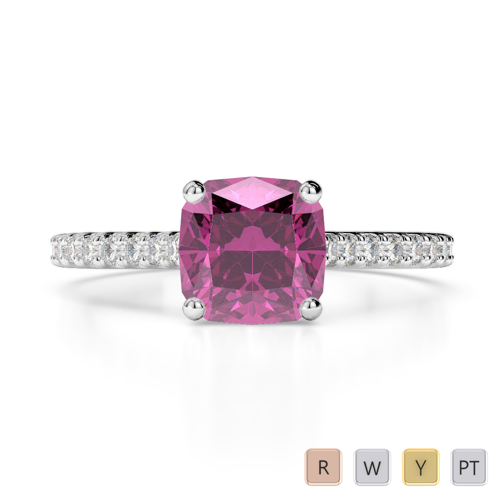 Cushion Lab Pink Sapphire and Diamond Engagement Ring in Gold / Platinum