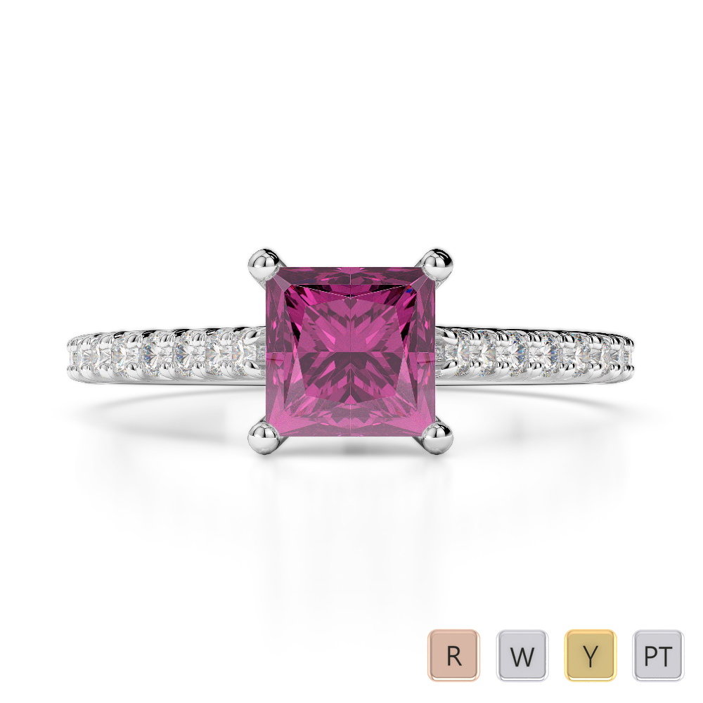 Princess Lab Pink Sapphire and Diamond Engagement Ring in Gold / Platinum