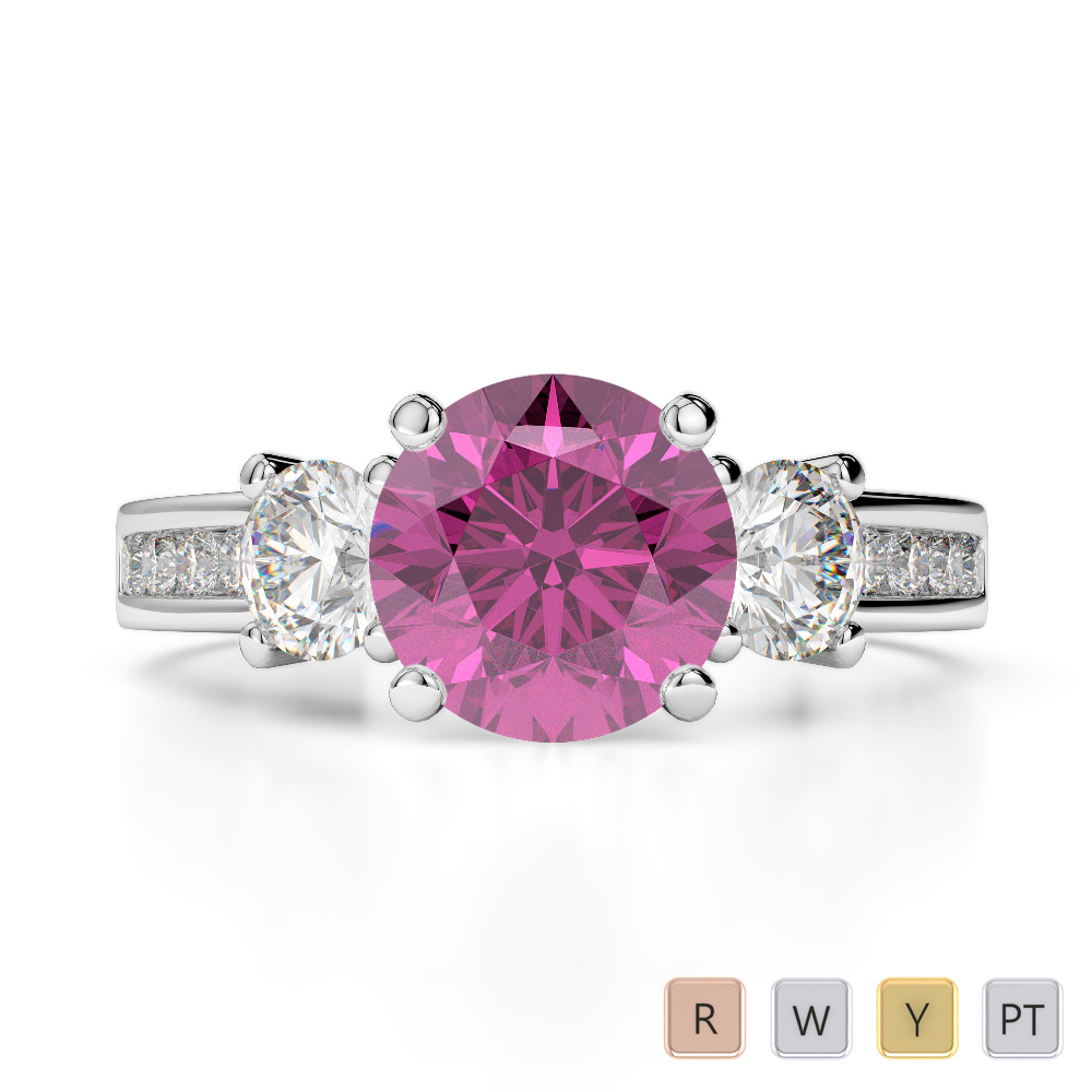 Round Lab Pink Sapphire and Diamond Engagement Ring in Gold / Platinum