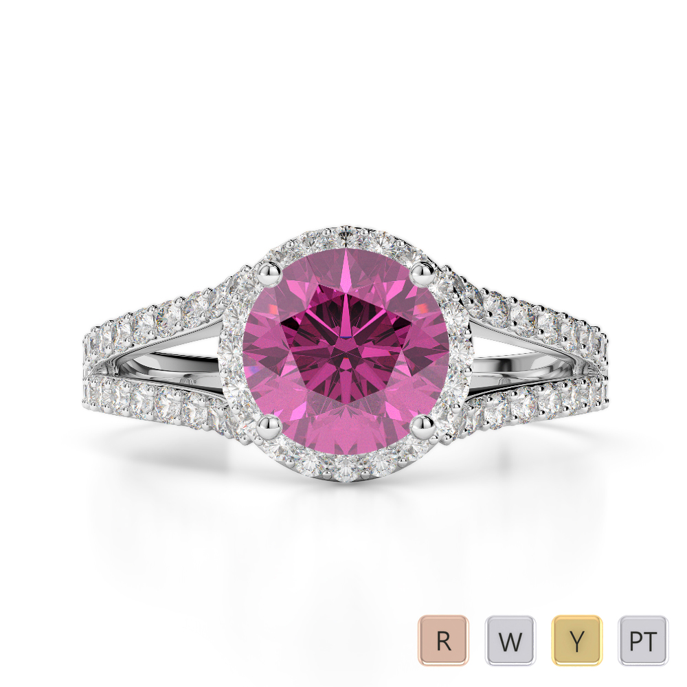 Round Lab Pink Sapphire and Diamond Engagement Ring in Gold / Platinum