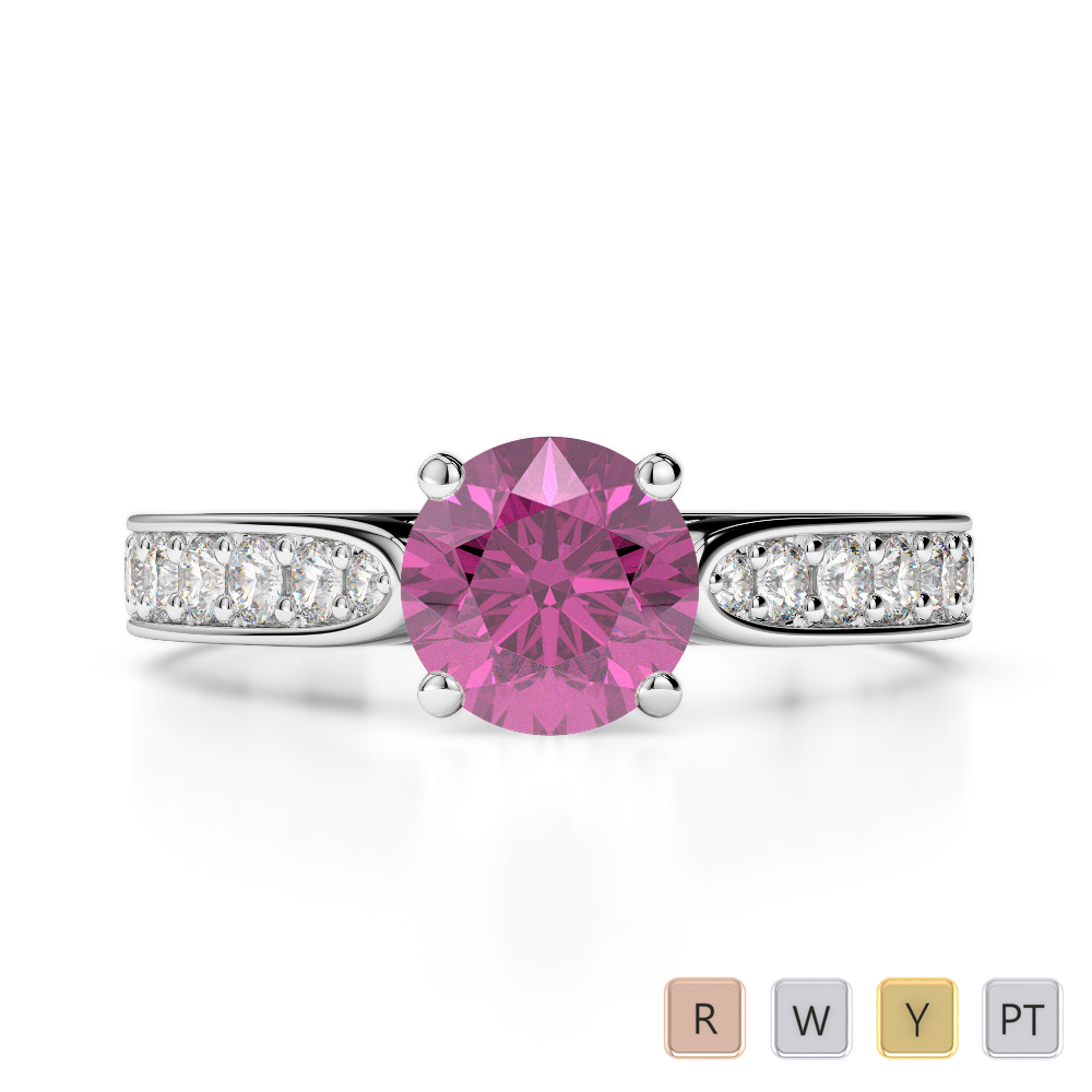 Round Lab Pink Sapphire and Diamond Engagement Ring in Gold / Platinum