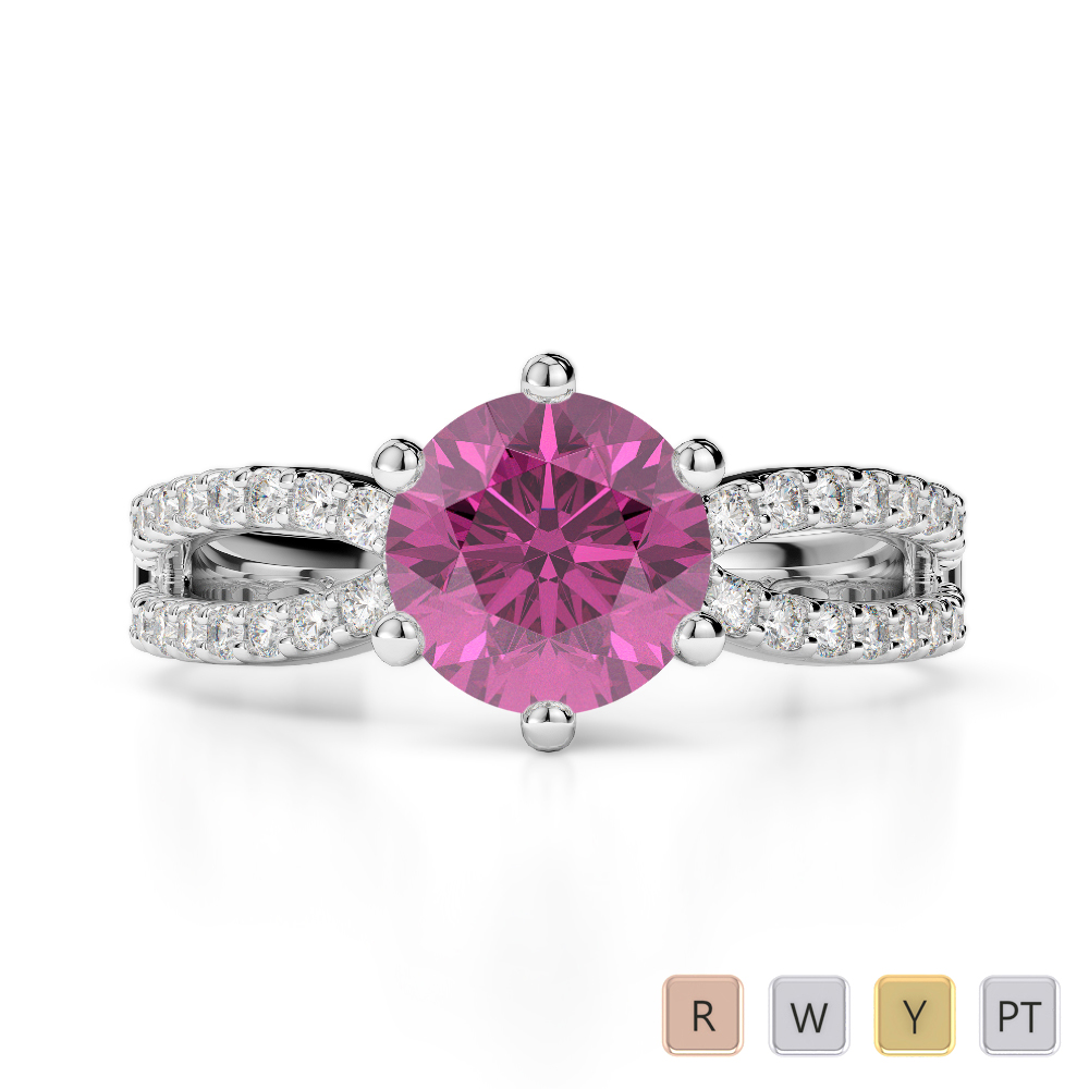 Round Lab Pink Sapphire and Diamond Engagement Ring in Gold / Platinum