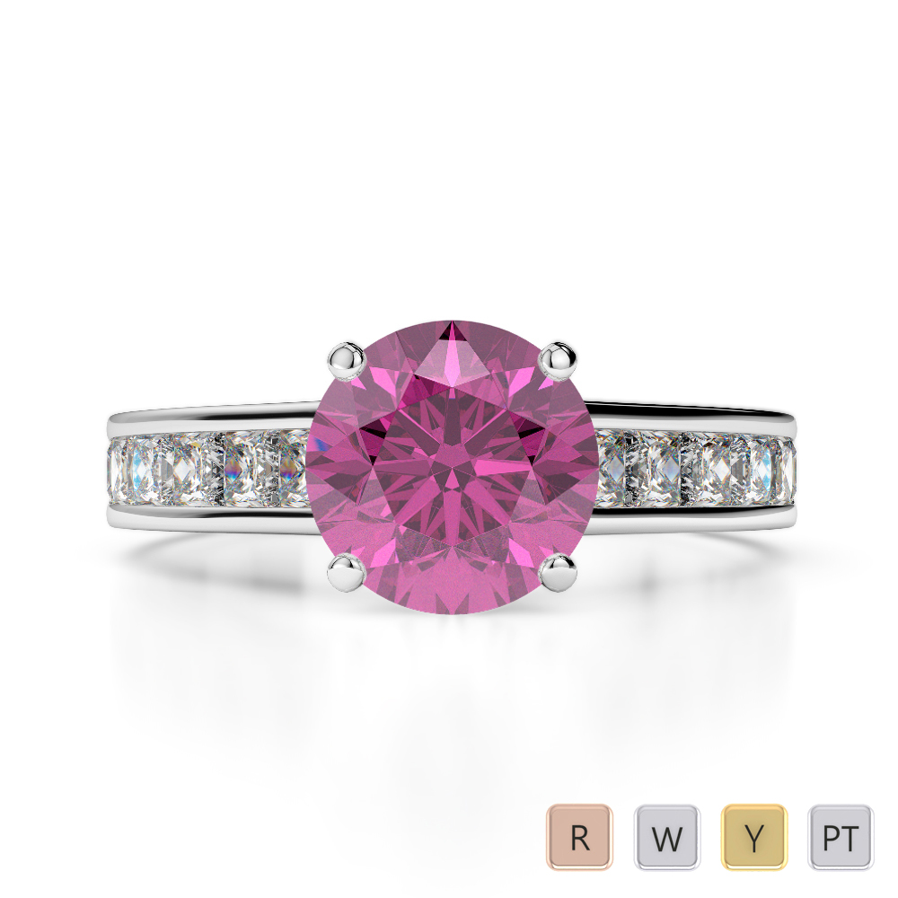 Round Lab Pink Sapphire and Diamond Engagement Ring in Gold / Platinum