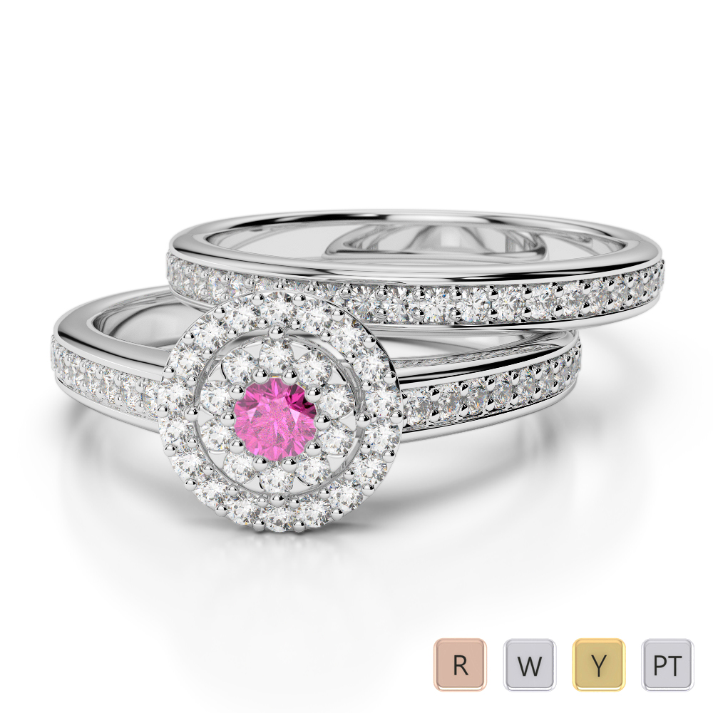 Gold / Platinum Round cut Pink Sapphire and Diamond Bridal Set Ring AGDR-1239
