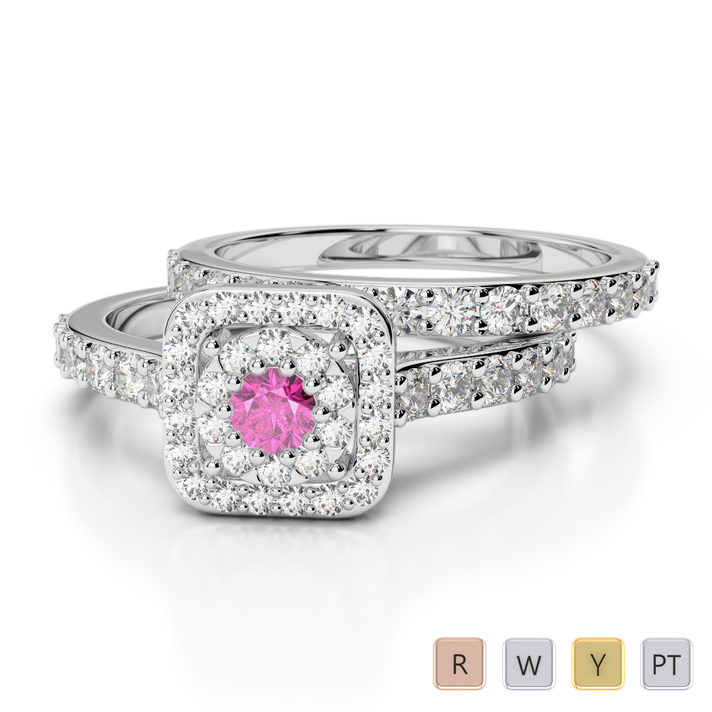 Gold / Platinum Round cut Pink Sapphire and Diamond Bridal Set Ring AGDR-1246