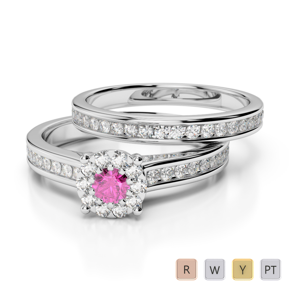 Gold / Platinum Round cut Pink Sapphire and Diamond Bridal Set Ring AGDR-1339