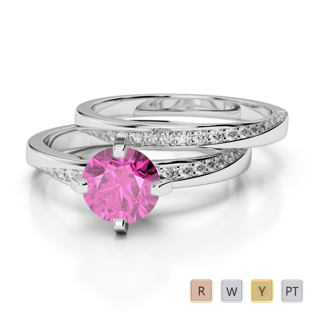 Gold / Platinum Round cut Pink Sapphire and Diamond Bridal Set Ring AGDR-2001