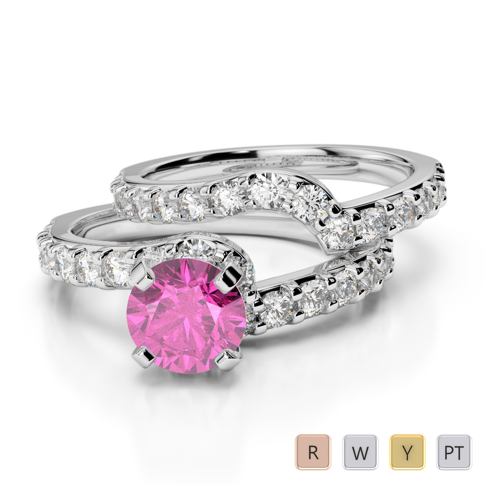 Gold / Platinum Round cut Pink Sapphire and Diamond Bridal Set Ring AGDR-2003