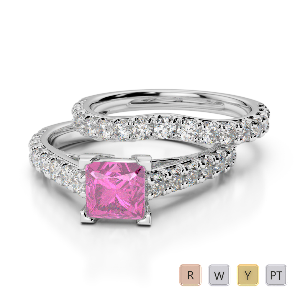 Gold / Platinum Round and Princess cut Pink Sapphire and Diamond Bridal Set Ring AGDR-2007