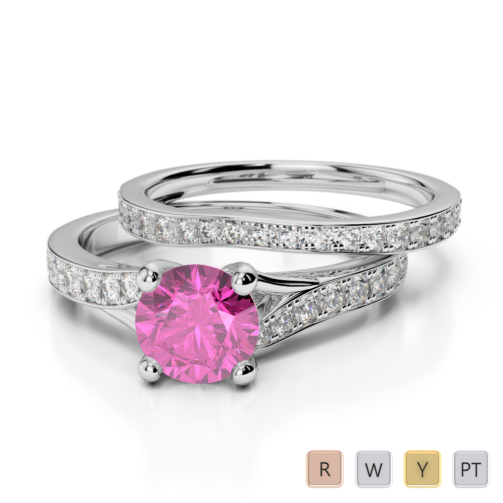 Gold / Platinum Round cut Pink Sapphire and Diamond Bridal Set Ring AGDR-2011