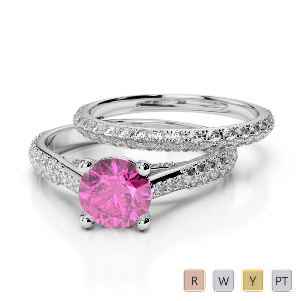 Gold / Platinum Round cut Pink Sapphire and Diamond Bridal Set Ring AGDR-2013
