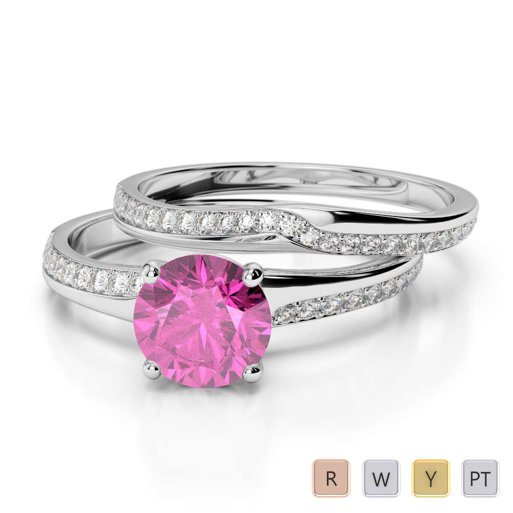 Gold / Platinum Round cut Pink Sapphire and Diamond Bridal Set Ring AGDR-2015