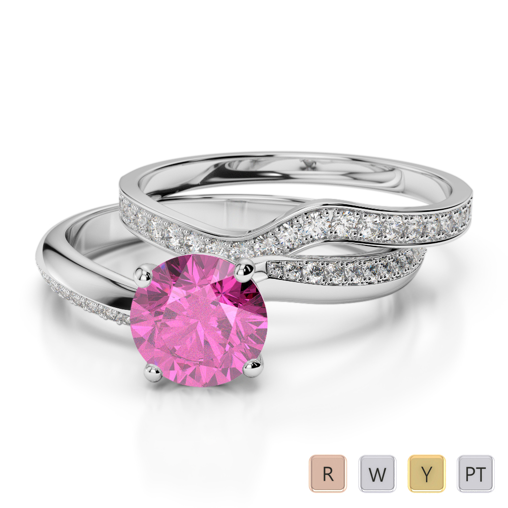 Gold / Platinum Round cut Pink Sapphire and Diamond Bridal Set Ring AGDR-2017