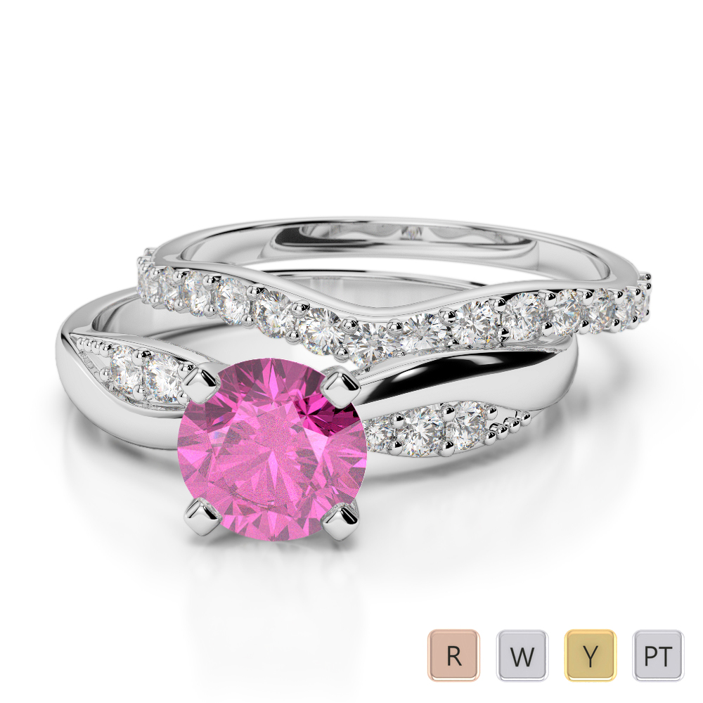 Gold / Platinum Round cut Pink Sapphire and Diamond Bridal Set Ring AGDR-2023