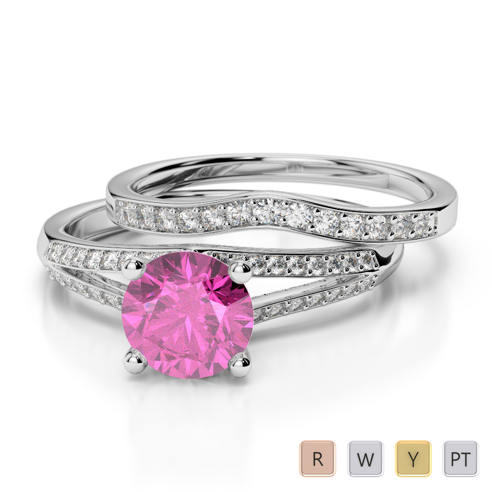 Gold / Platinum Round cut Pink Sapphire and Diamond Bridal Set Ring AGDR-2037