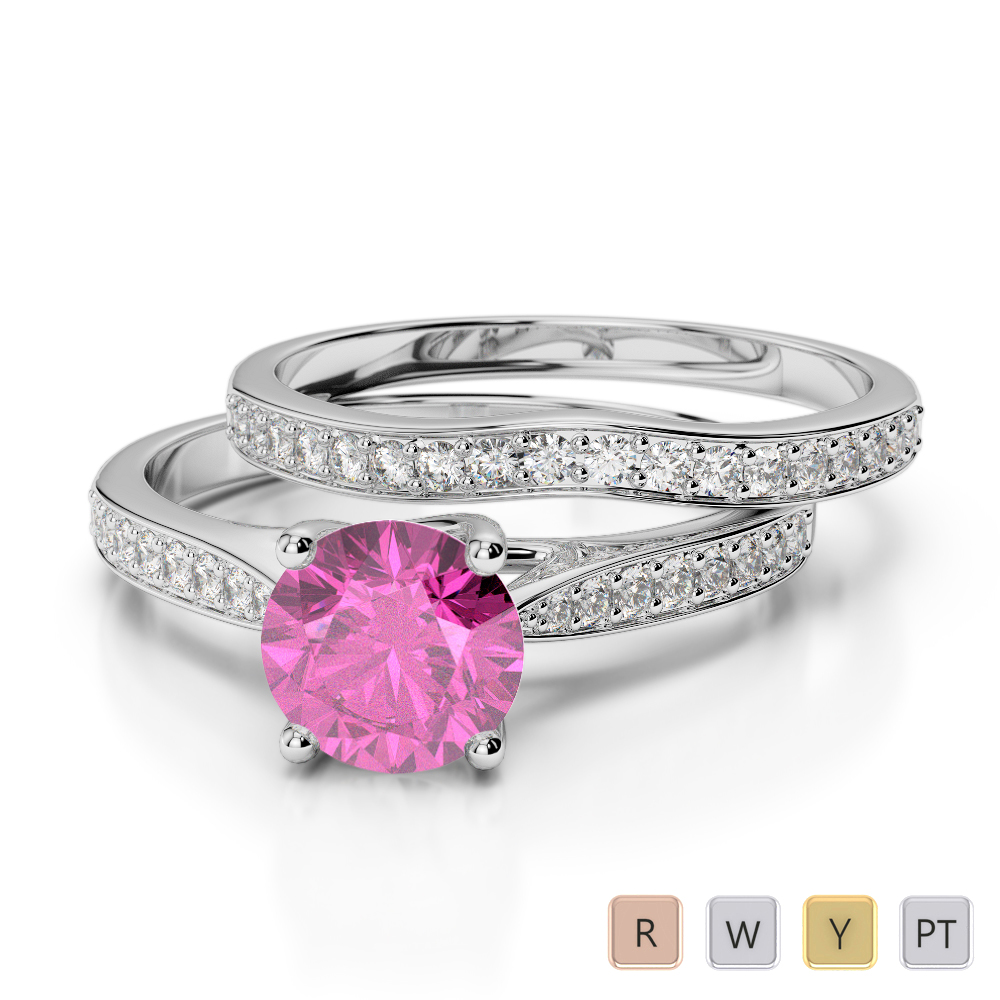 Gold / Platinum Round cut Pink Sapphire and Diamond Bridal Set Ring AGDR-2053