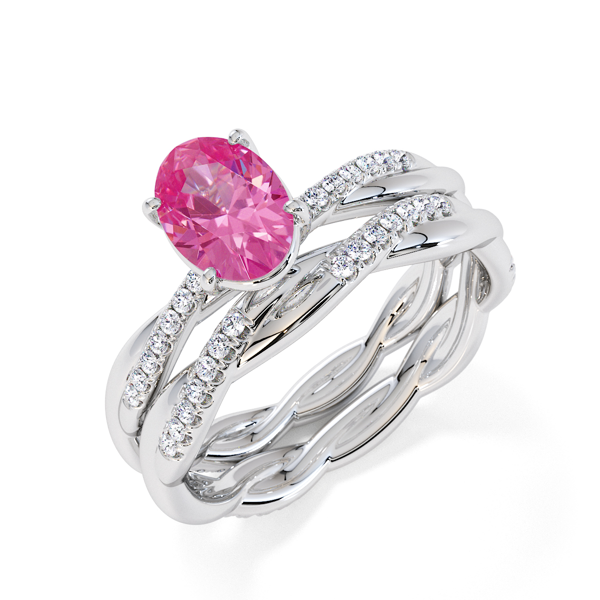 Oval Lab Pink Sapphire and Diamond Engagement Ring in Gold / Platinum