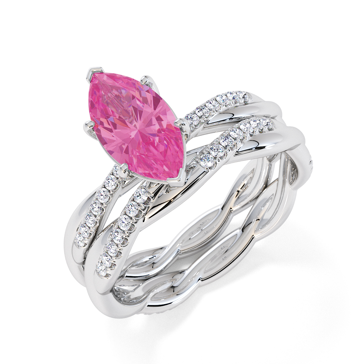 Marquise Lab Pink Sapphire and Diamond Engagement Ring in Gold / Platinum