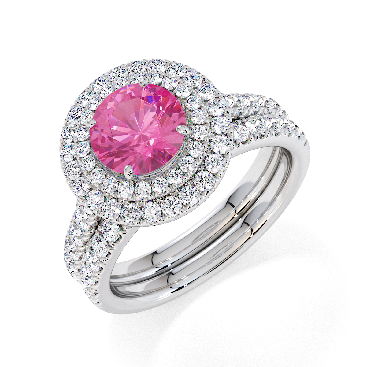 Round Lab Pink Sapphire and Diamond Engagement Ring in Gold / Platinum
